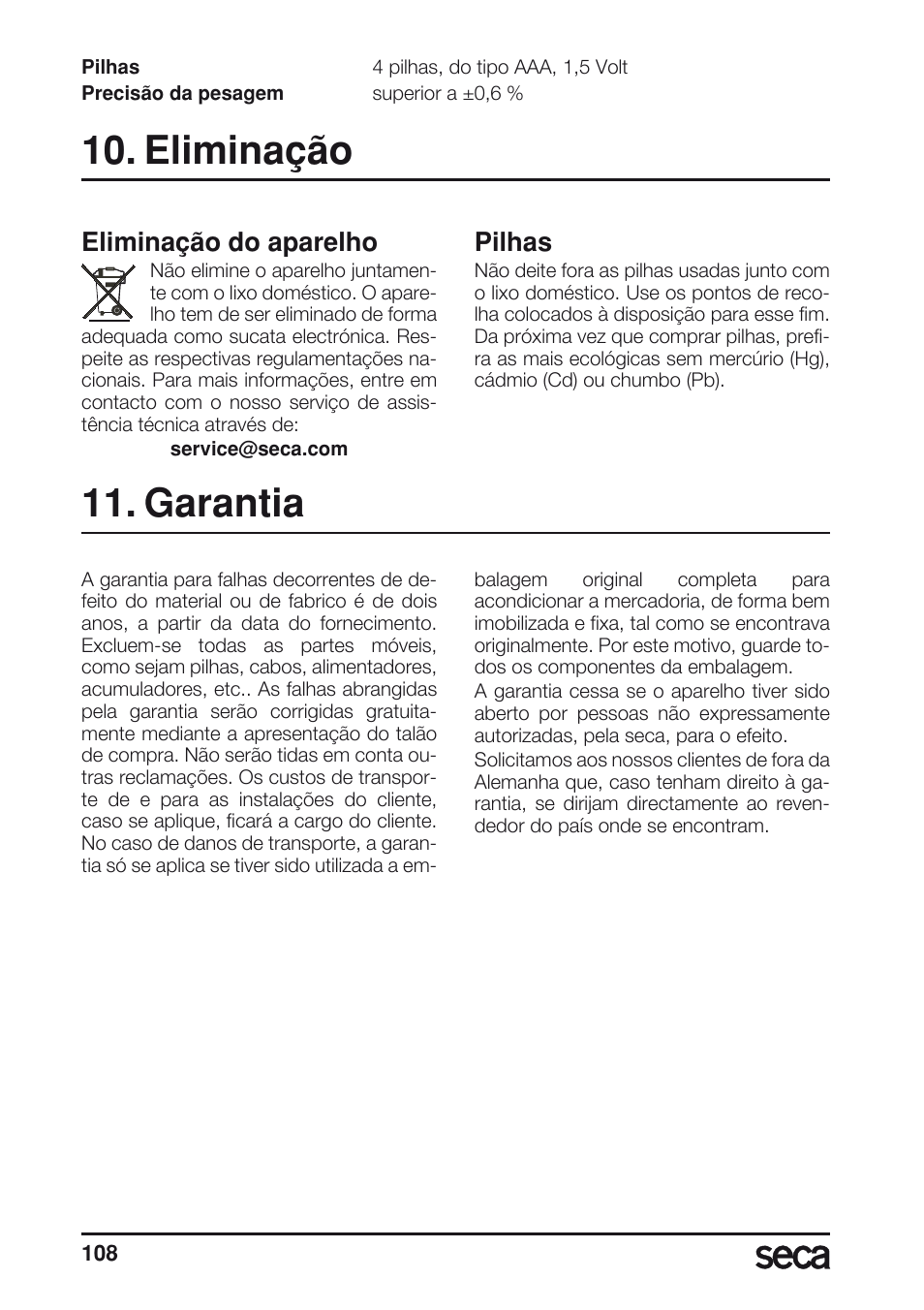 Eliminação, Pilhas, Garantia | Eliminação do aparelho | Seca 804 User Manual | Page 110 / 166