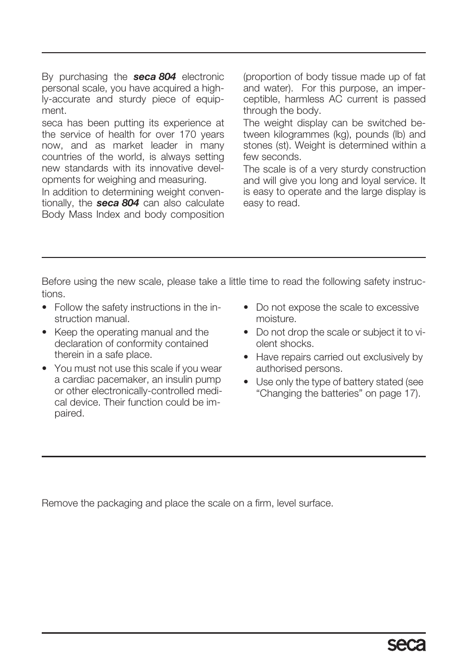 English, Congratulations, Safety | Before you start, Unpacking | Seca 804 User Manual | Page 12 / 166