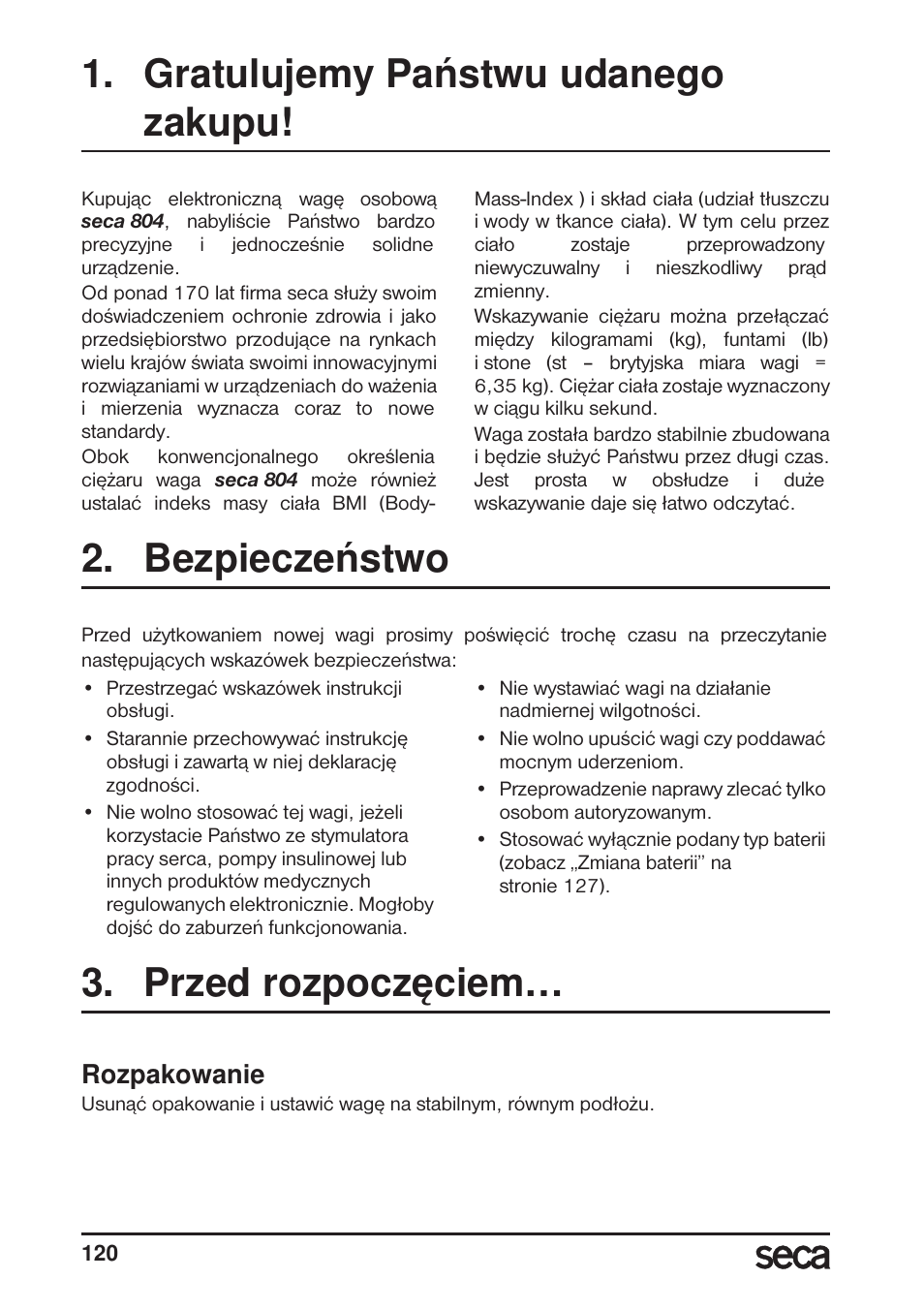 Polski, Gratulujemy paƒstwu udanego zakupu, Bezpieczeƒstwo | Przed rozpocz´ciem, Rozpakowanie, Gratulujemy państwu udanego zakupu, Bezpieczeństwo, Przed rozpoczęciem | Seca 804 User Manual | Page 122 / 166