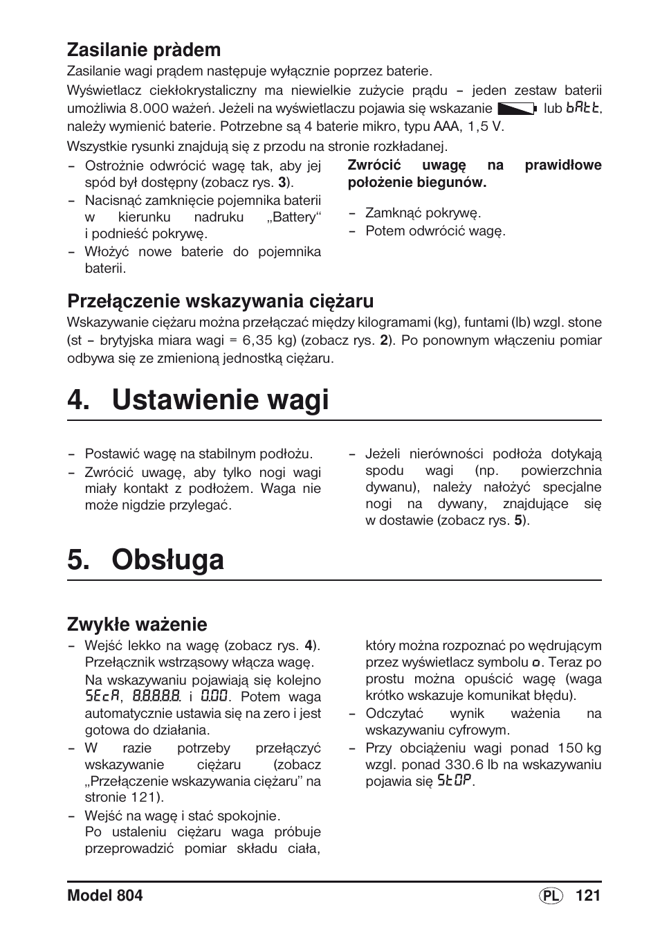 Prze¸àczenie wskazywania ci´˝aru, Ustawienie wagi, Obs¸uga | Zwyk¸e wa˝enie, Obsługa, Zasilanie pràdem, Przełączenie wskazywania ciężaru, Zwykłe ważenie | Seca 804 User Manual | Page 123 / 166