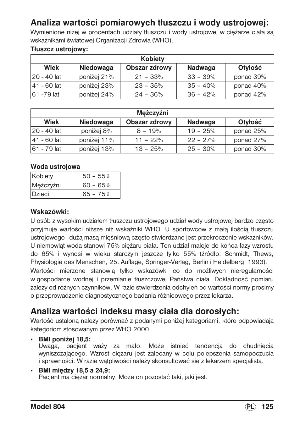 Analiza wartoêci indeksu masy cia¸a dla doros¸ych, Analiza wartości indeksu masy ciała dla dorosłych | Seca 804 User Manual | Page 127 / 166
