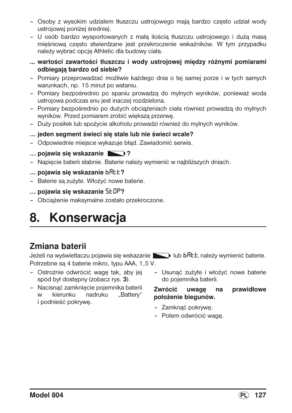 Konserwacja, Zmiana baterii | Seca 804 User Manual | Page 129 / 166