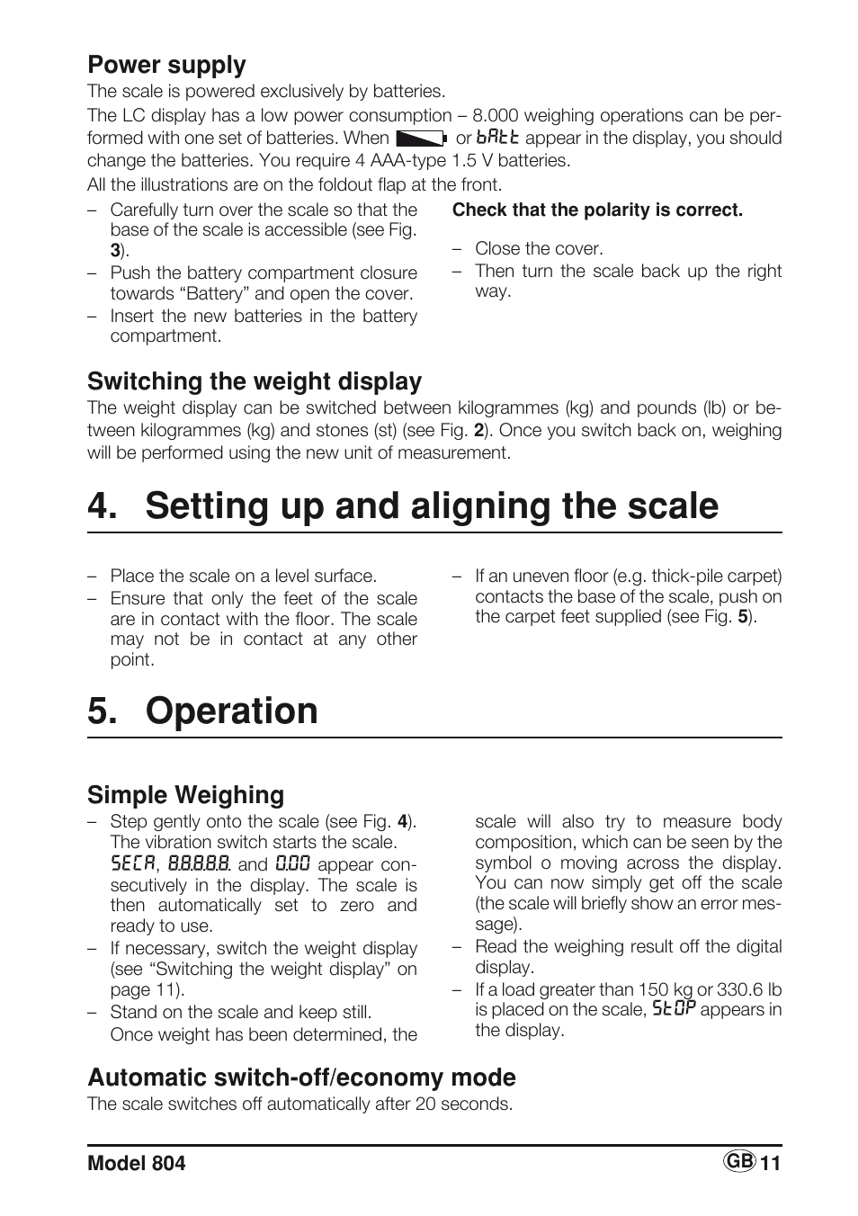 Switching the weight display, Setting up and aligning the scale, Operation | Simple weighing, Automatic switch-off/economy mode, Power supply | Seca 804 User Manual | Page 13 / 166