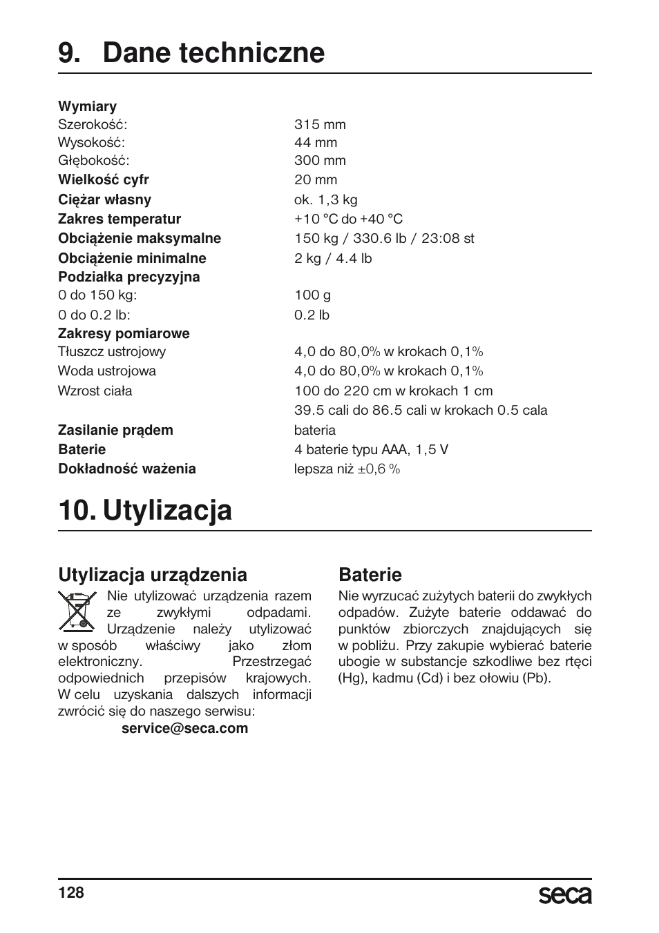 Dane techniczne, Utylizacja, Utylizacja urzàdzenia | Baterie, Utylizacja urządzenia | Seca 804 User Manual | Page 130 / 166