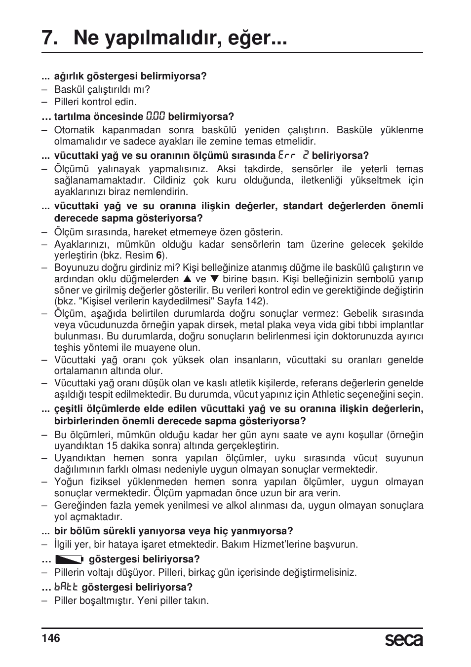 Ne yap›lmal›d›r, e¤er, Ne yapılmalıdır, eğer | Seca 804 User Manual | Page 148 / 166