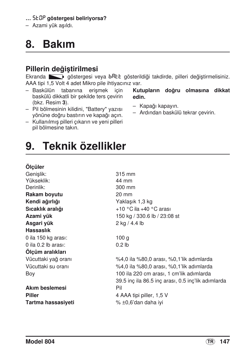 Bak›m, Pillerin de¤iﬂtirilmesi, Teknik özellikler | Bakım, Pillerin değiştirilmesi | Seca 804 User Manual | Page 149 / 166
