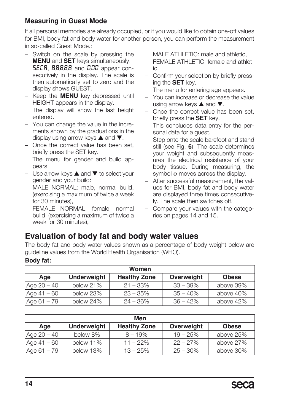 Evaluation of body fat and body water values, See “measuring in guest mode | Seca 804 User Manual | Page 16 / 166