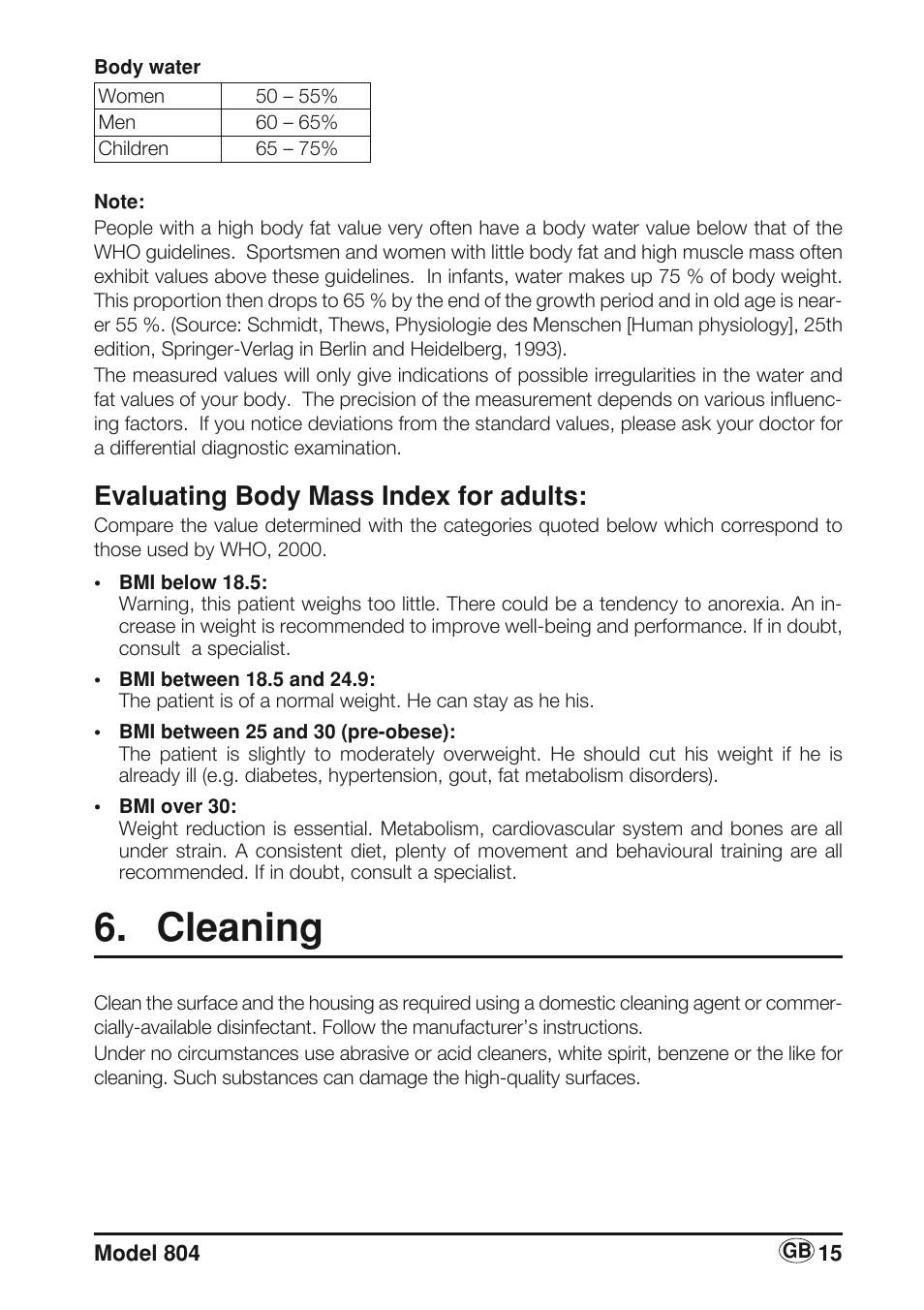 Evaluating body mass index for adults, Cleaning | Seca 804 User Manual | Page 17 / 166