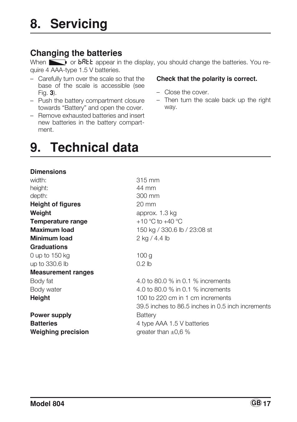Servicing, Changing the batteries, Technical data | Seca 804 User Manual | Page 19 / 166