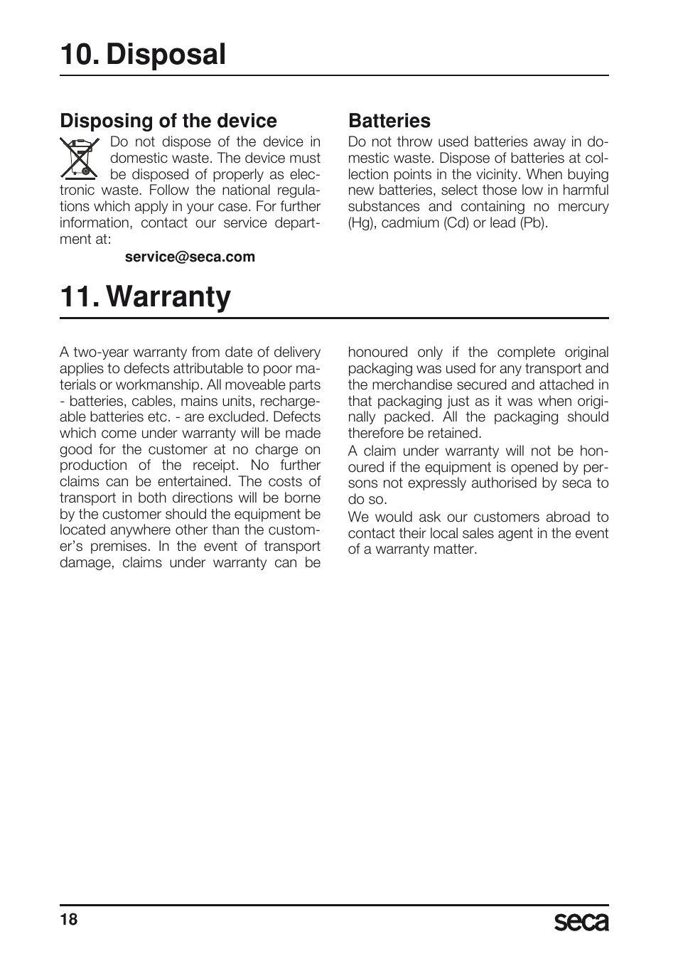 Disposal, Batteries, Warranty | Disposing of the device | Seca 804 User Manual | Page 20 / 166