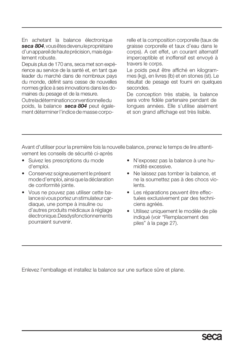 Français, Félicitations, Sécurité | Avant d’utiliser la balance, Déballage | Seca 804 User Manual | Page 22 / 166