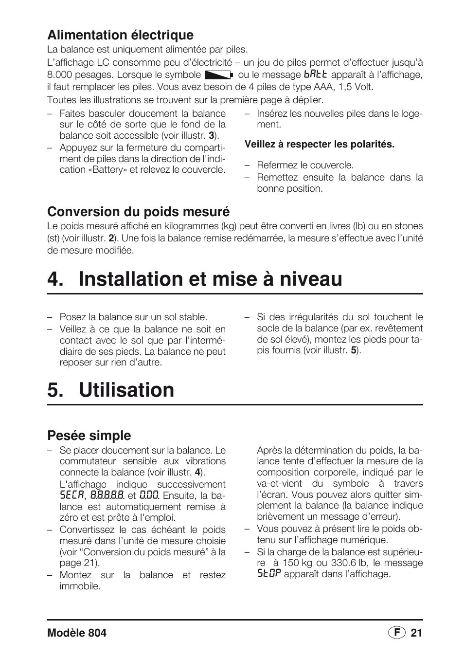 Conversion du poids mesuré, Installation et mise à niveau, Utilisation | Pesée simple, Alimentation électrique | Seca 804 User Manual | Page 23 / 166