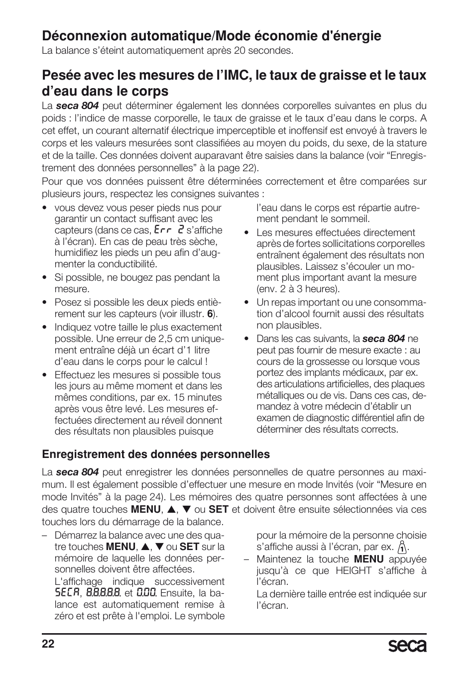 Déconnexion automatique/mode économie d'énergie | Seca 804 User Manual | Page 24 / 166