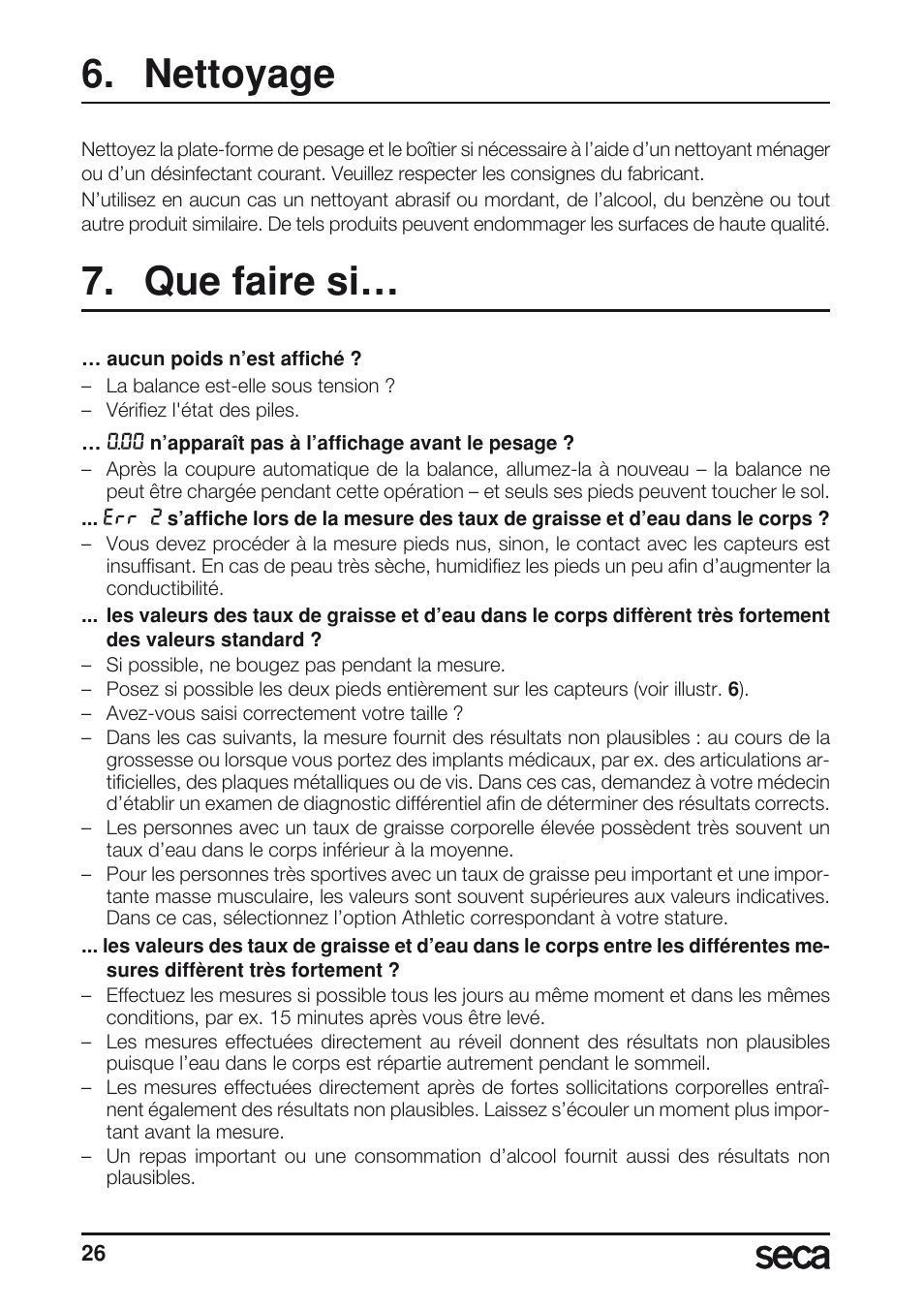 Nettoyage, Que faire si | Seca 804 User Manual | Page 28 / 166