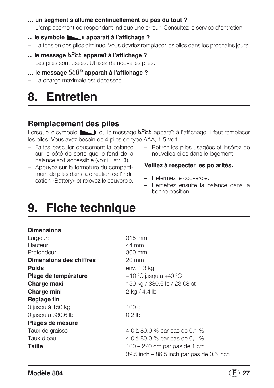 Entretien, Remplacement des piles, Fiche technique | Seca 804 User Manual | Page 29 / 166