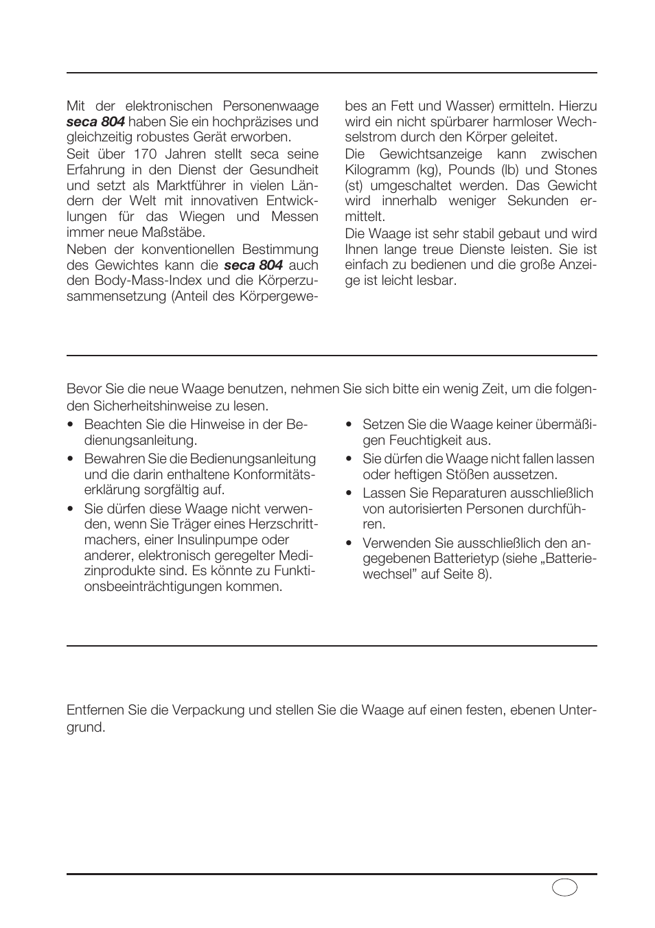 Deutsch, Herzlichen glückwunsch, Sicherheit | Bevor es richtig losgeht, Auspacken | Seca 804 User Manual | Page 3 / 166