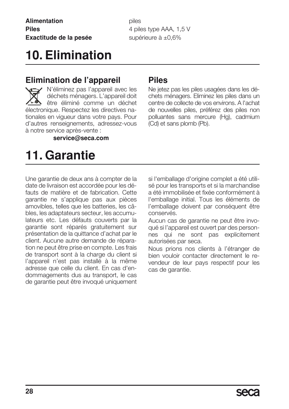 Elimination, Piles, Garantie | Elimination de l’appareil | Seca 804 User Manual | Page 30 / 166
