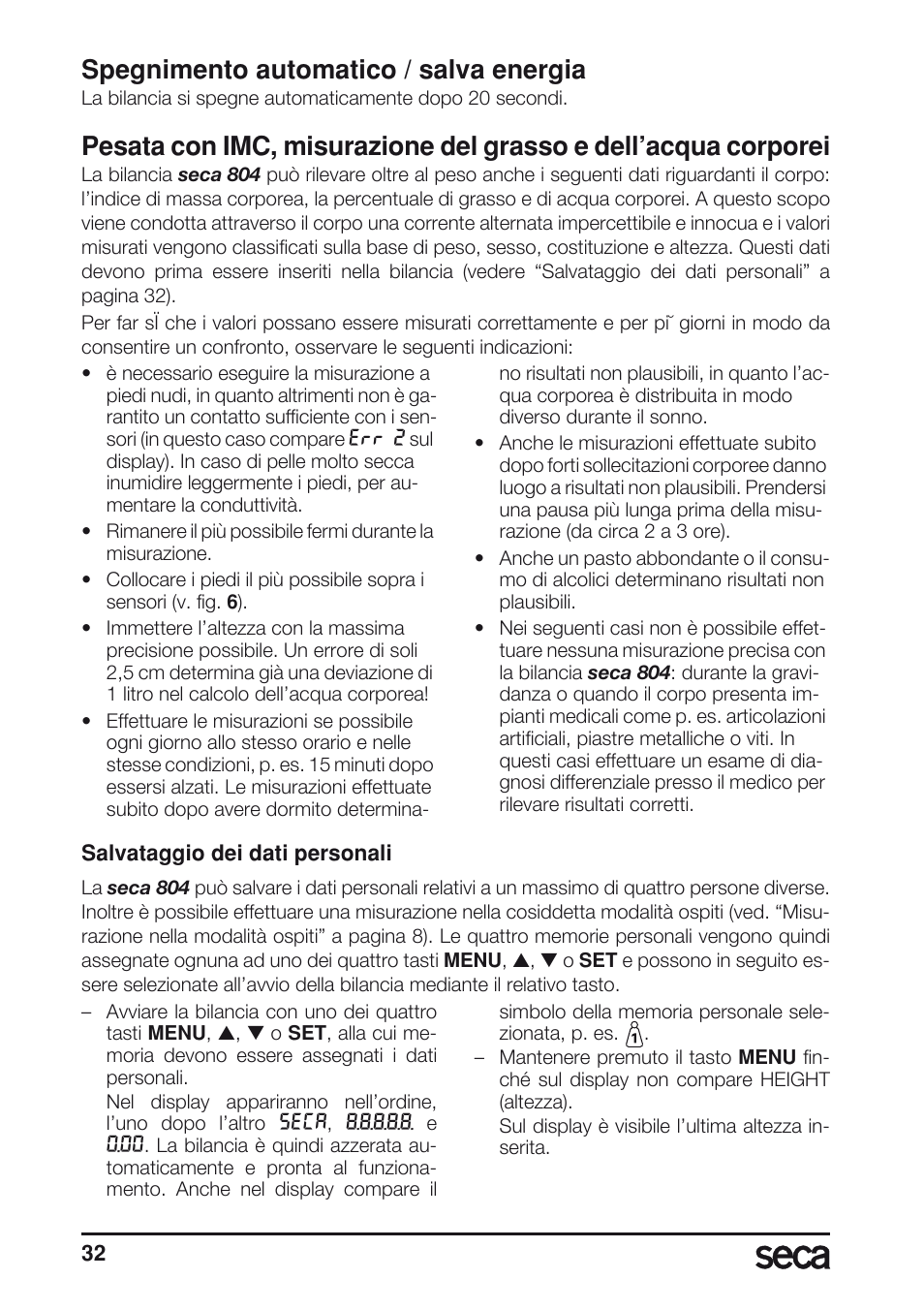 Spegnimento automatico / salva energia | Seca 804 User Manual | Page 34 / 166