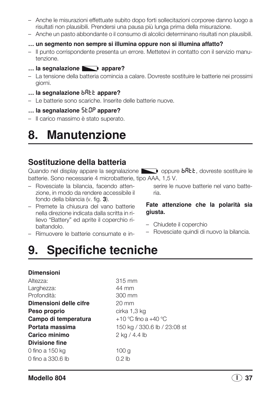 Manutenzione, Sostituzione della batteria, Specifiche tecniche | Seca 804 User Manual | Page 39 / 166