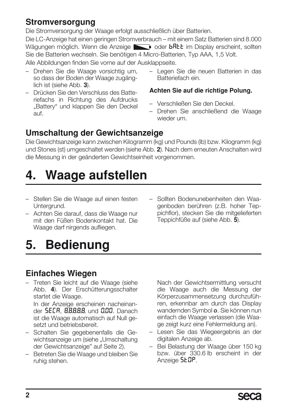 Umschaltung der gewichtsanzeige, Waage aufstellen, Bedienung | Einfaches wiegen, Stromversorgung | Seca 804 User Manual | Page 4 / 166