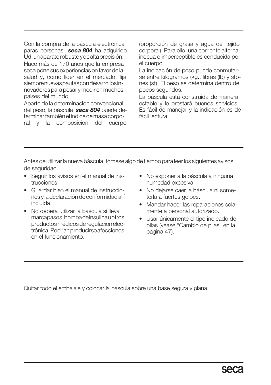Español, ¡le felicitamos, Seguridad | Preparativos, Desempaquetar | Seca 804 User Manual | Page 42 / 166