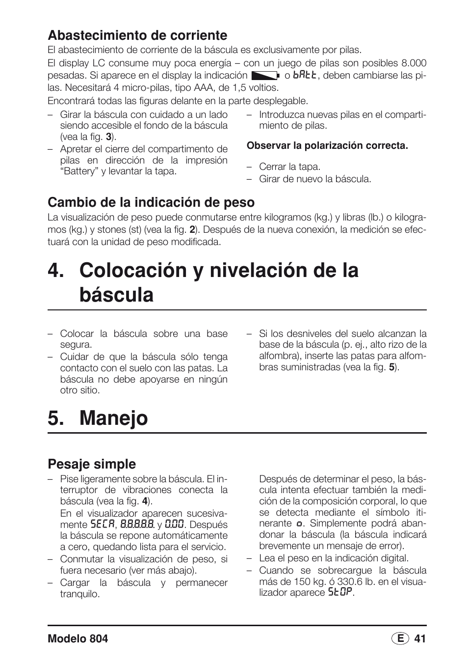 Cambio de la indicación de peso, Colocación y nivelación de la báscula, Manejo | Pesaje simple, Abastecimiento de corriente | Seca 804 User Manual | Page 43 / 166