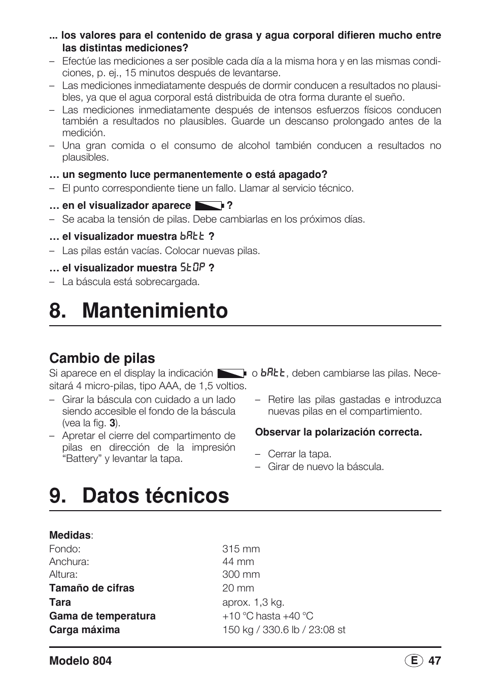 Mantenimiento, Cambio de pilas, Datos técnicos | Seca 804 User Manual | Page 49 / 166