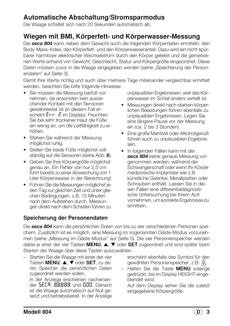 Automatische abschaltung/stromsparmodus | Seca 804 User Manual | Page 5 / 166
