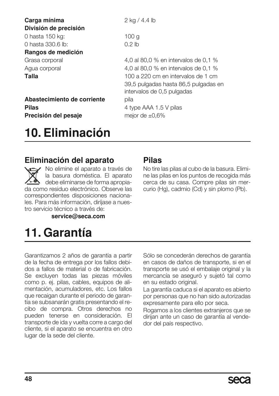 Eliminación, Pilas, Garantía | Eliminación del aparato | Seca 804 User Manual | Page 50 / 166