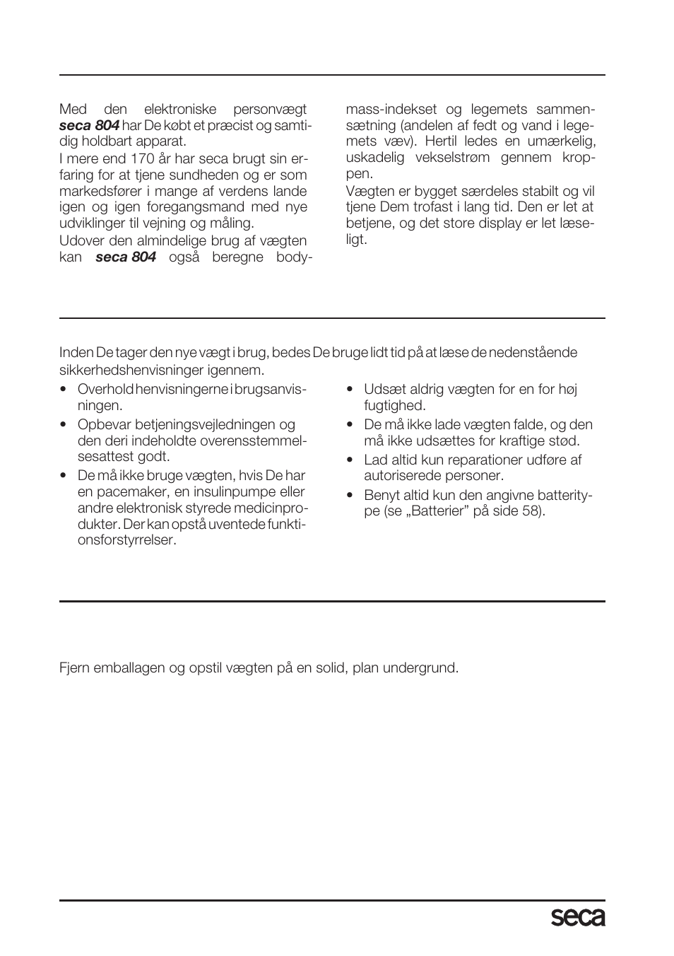 Dansk, Hjertelig tillykke, Sikkerhed | Inden de går i gang, Udpakning | Seca 804 User Manual | Page 52 / 166