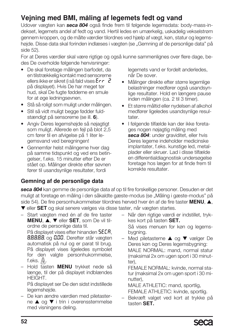 Vejning med bmi, måling af legemets fedt og vand | Seca 804 User Manual | Page 54 / 166
