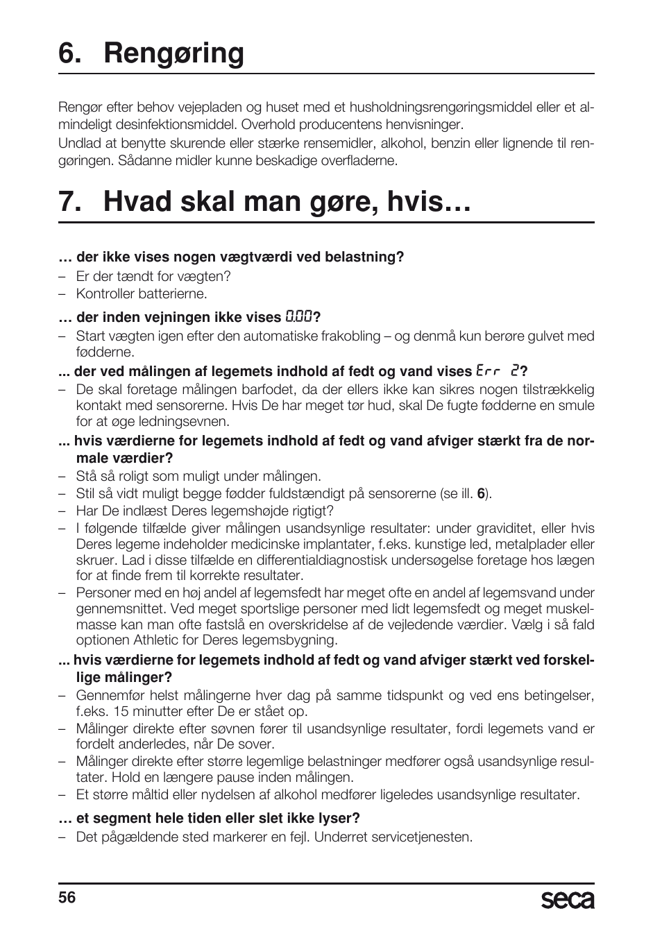 Rengøring, Hvad skal man gøre, hvis | Seca 804 User Manual | Page 58 / 166