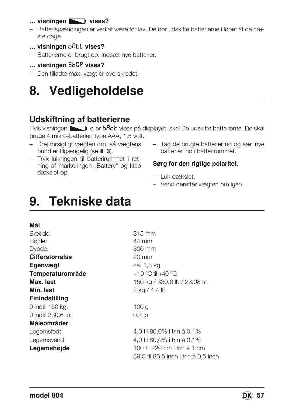 Vedligeholdelse, Udskiftning af batterierne, Tekniske data | Seca 804 User Manual | Page 59 / 166