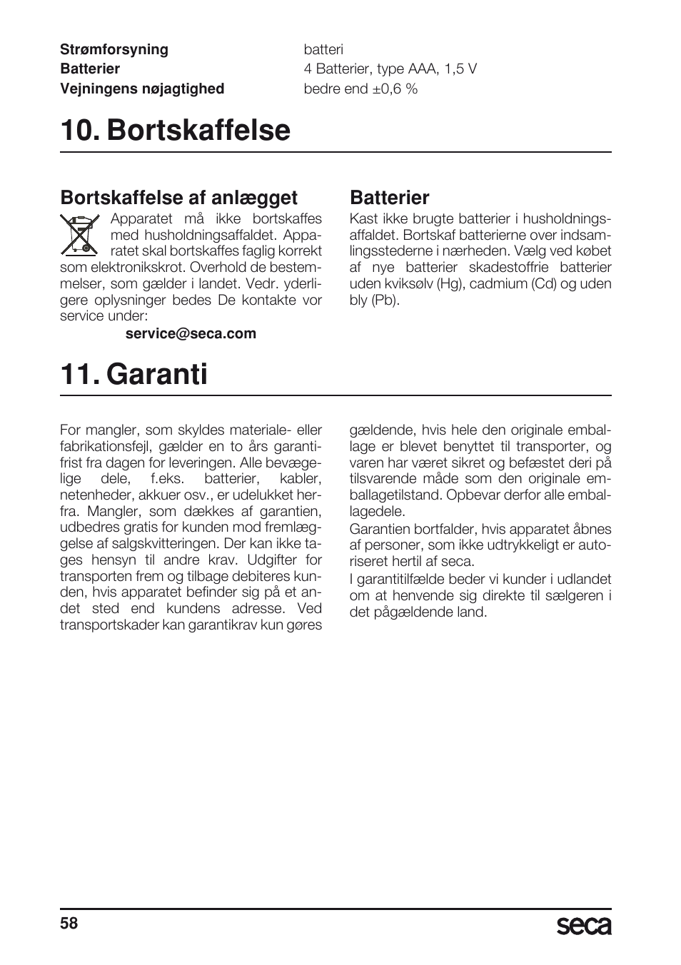 Bortskaffelse, Batterier, Garanti | Bortskaffelse af anlægget | Seca 804 User Manual | Page 60 / 166