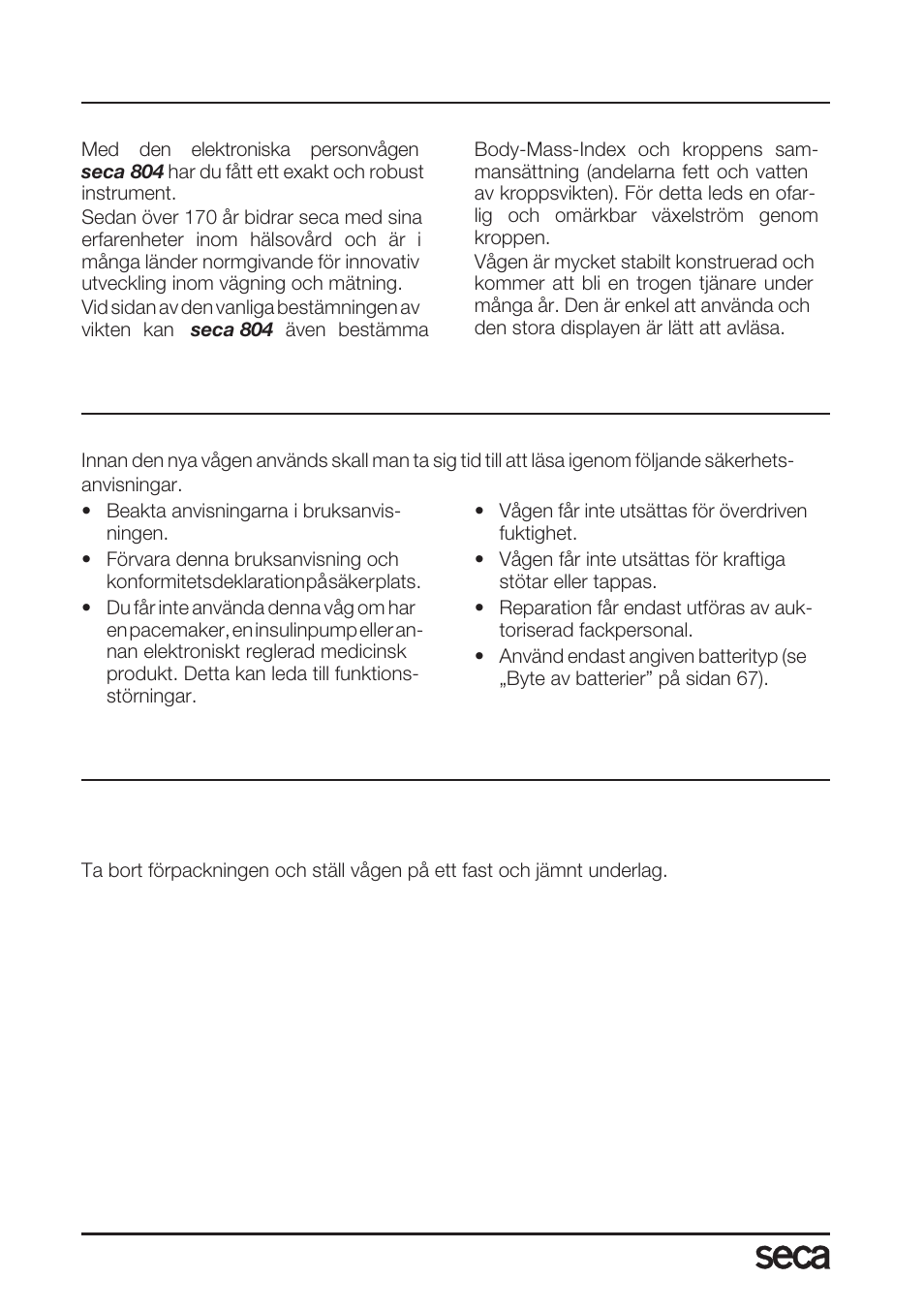 Svenska, Hjärtliga gratulationer, Säkerhet | Det första du gör, Packa upp | Seca 804 User Manual | Page 62 / 166