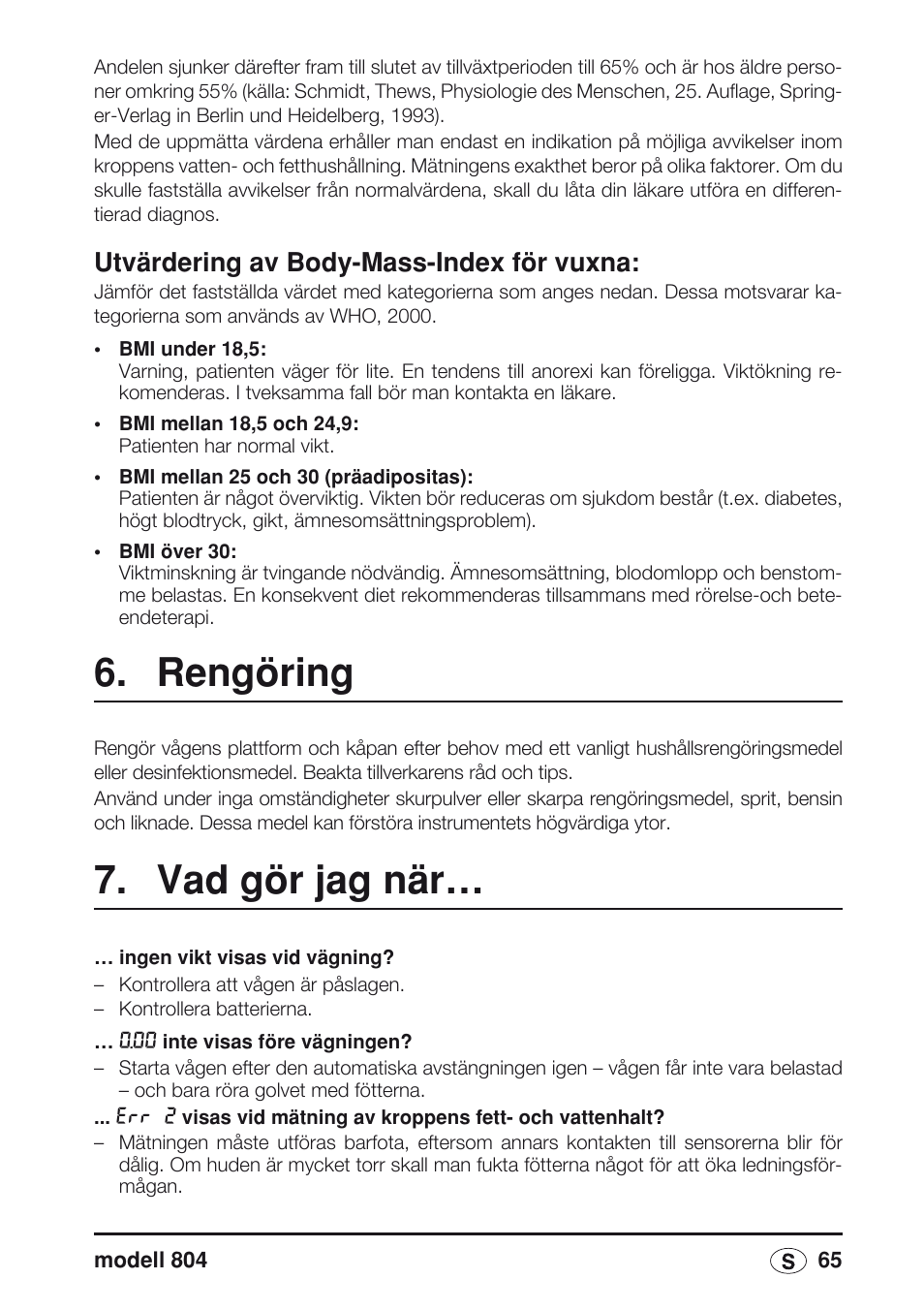 Utvärdering av body-mass-index för vuxna, Rengöring, Vad gör jag när | Seca 804 User Manual | Page 67 / 166