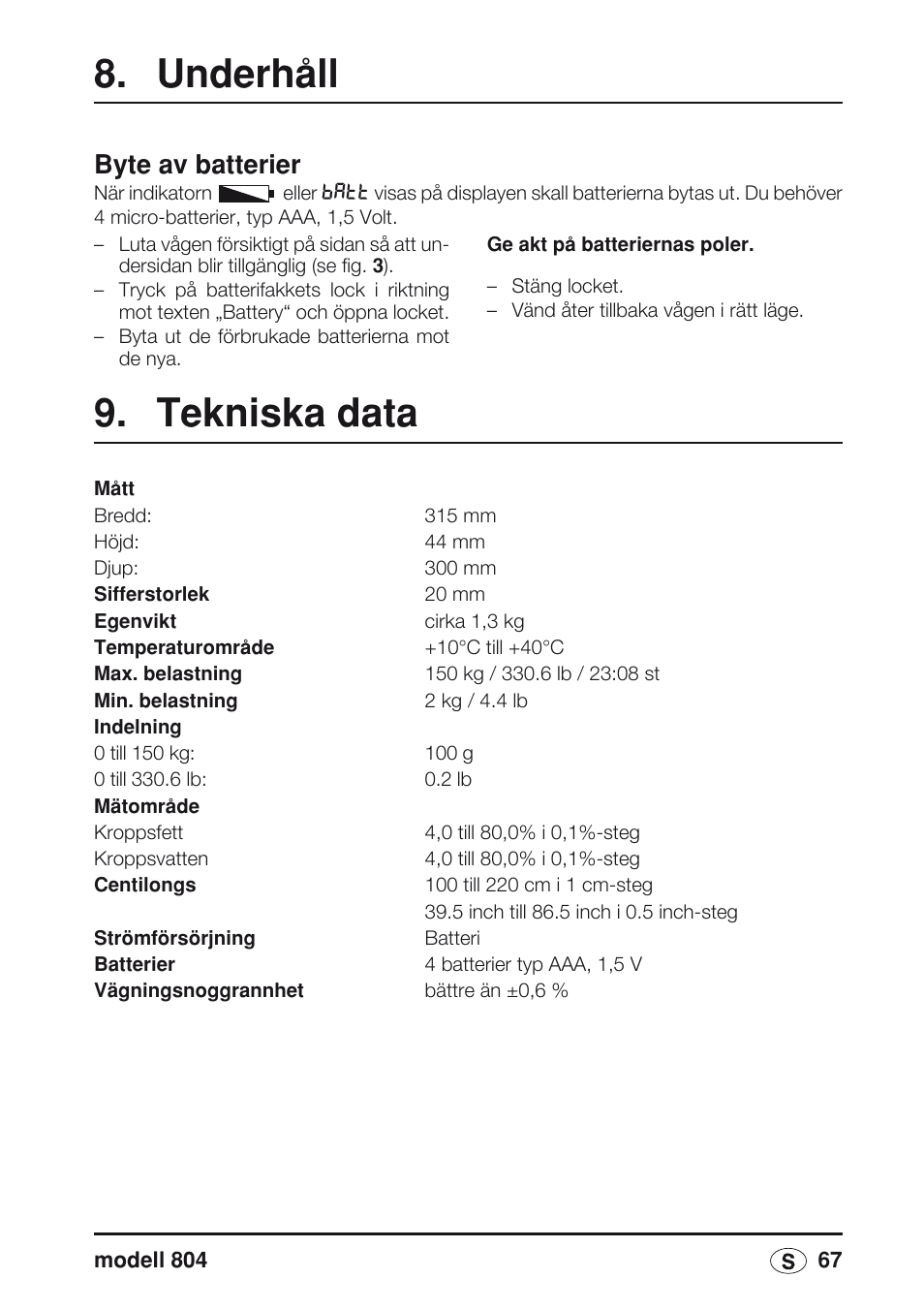 Underhåll, Byte av batterier, Tekniska data | Seca 804 User Manual | Page 69 / 166