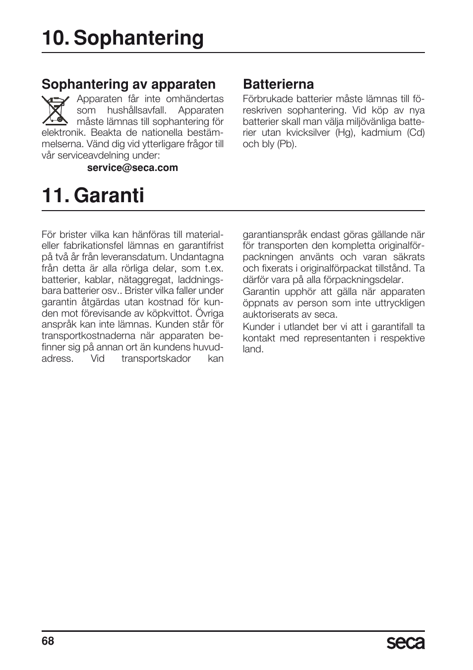 Sophantering, Batterierna, Garanti | Sophantering av apparaten | Seca 804 User Manual | Page 70 / 166
