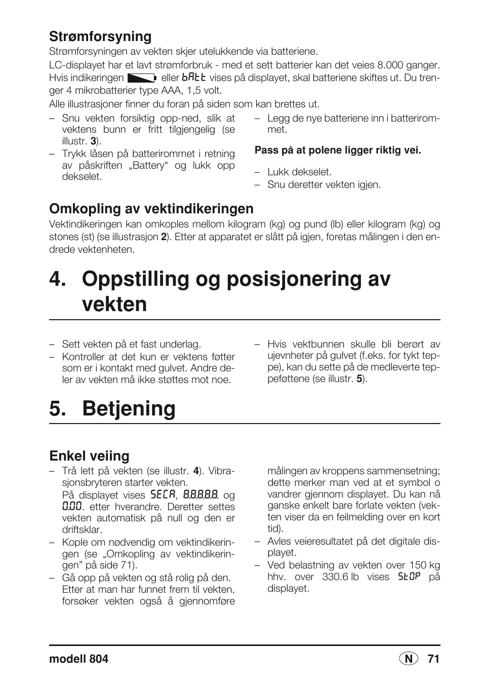 Omkopling av vektindikeringen, Oppstilling og posisjonering av vekten, Betjening | Enkel veiing, Strømforsyning | Seca 804 User Manual | Page 73 / 166