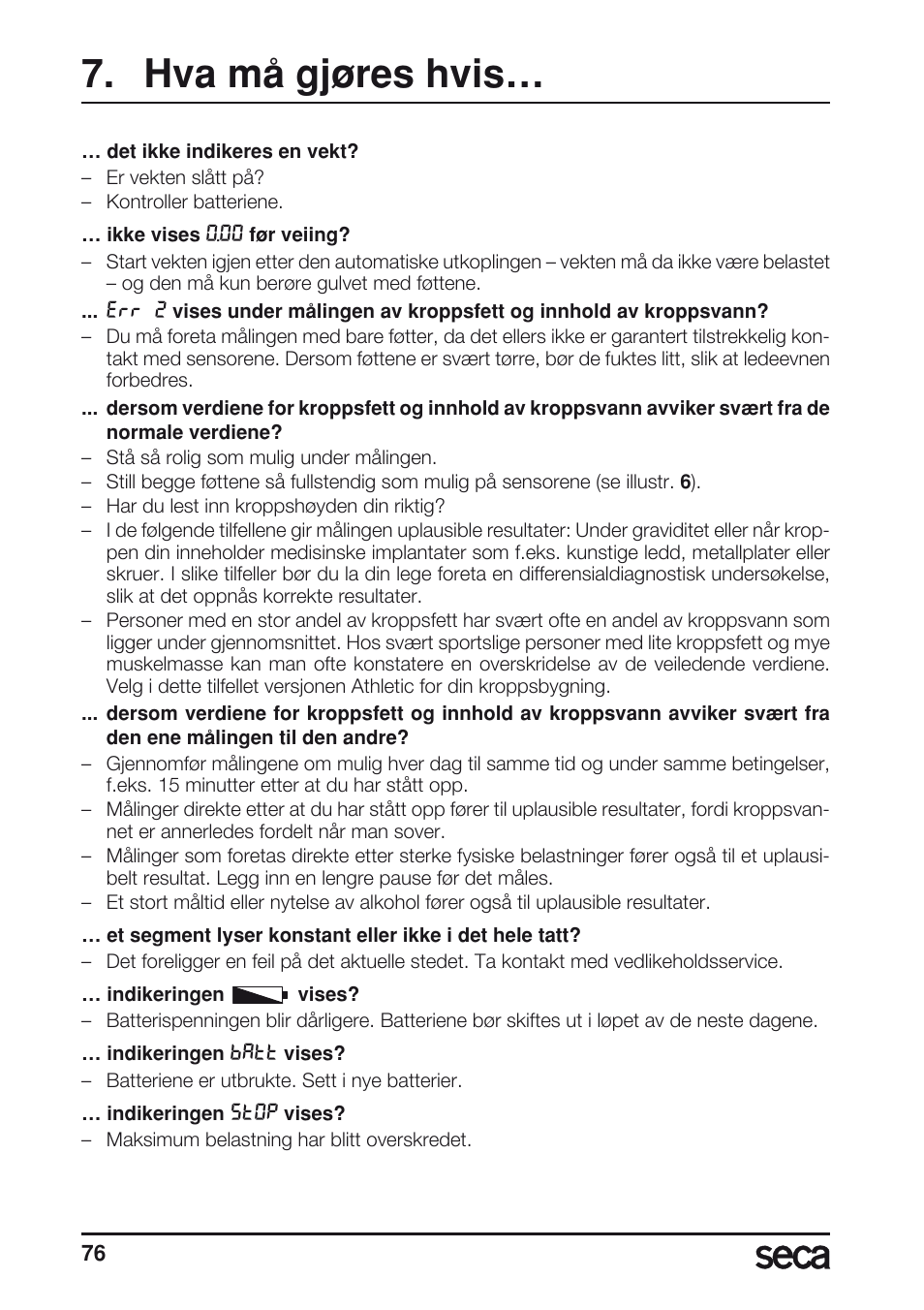 Hva må gjøres hvis | Seca 804 User Manual | Page 78 / 166