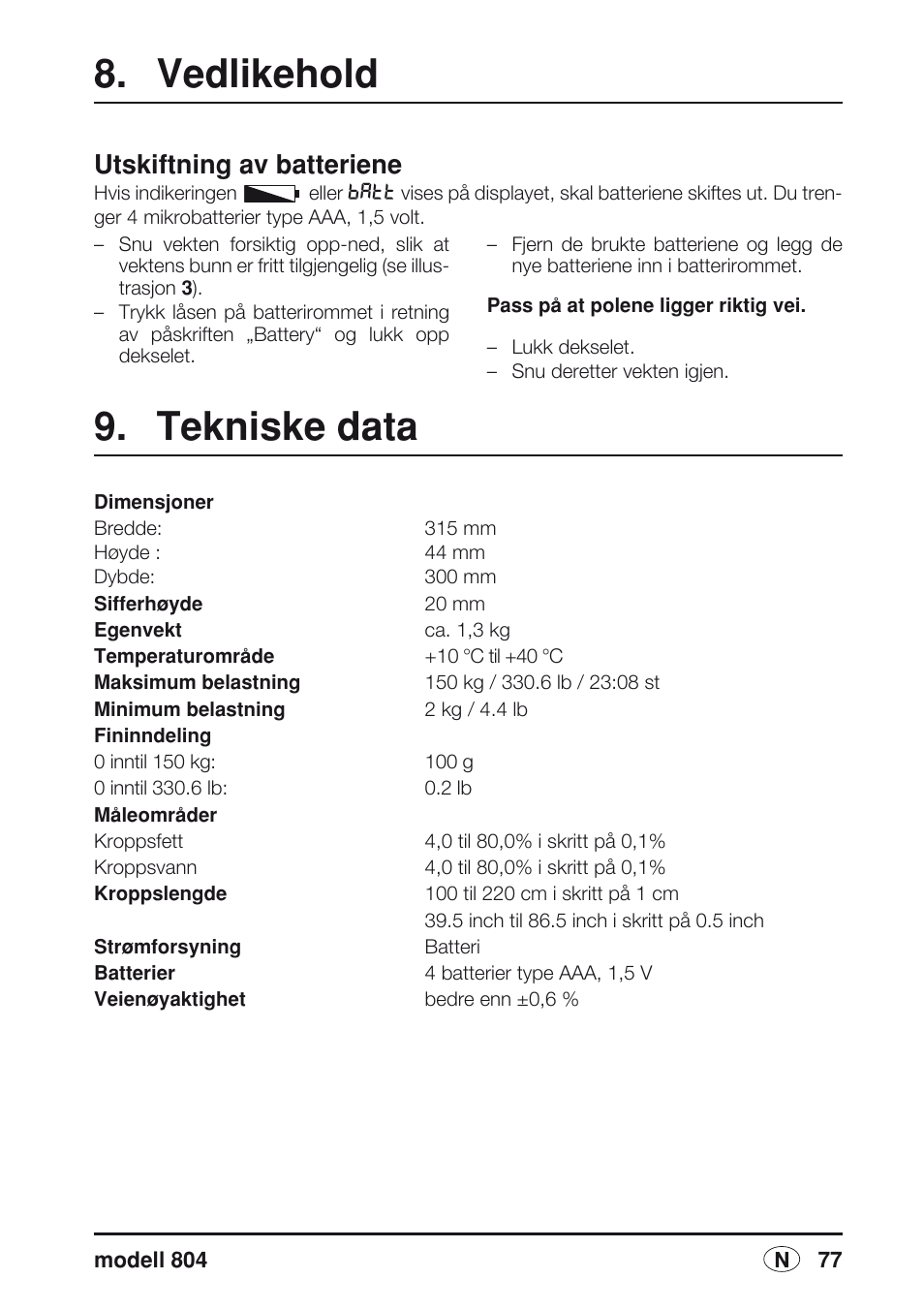 Vedlikehold, Utskiftning av batteriene, Tekniske data | Seca 804 User Manual | Page 79 / 166