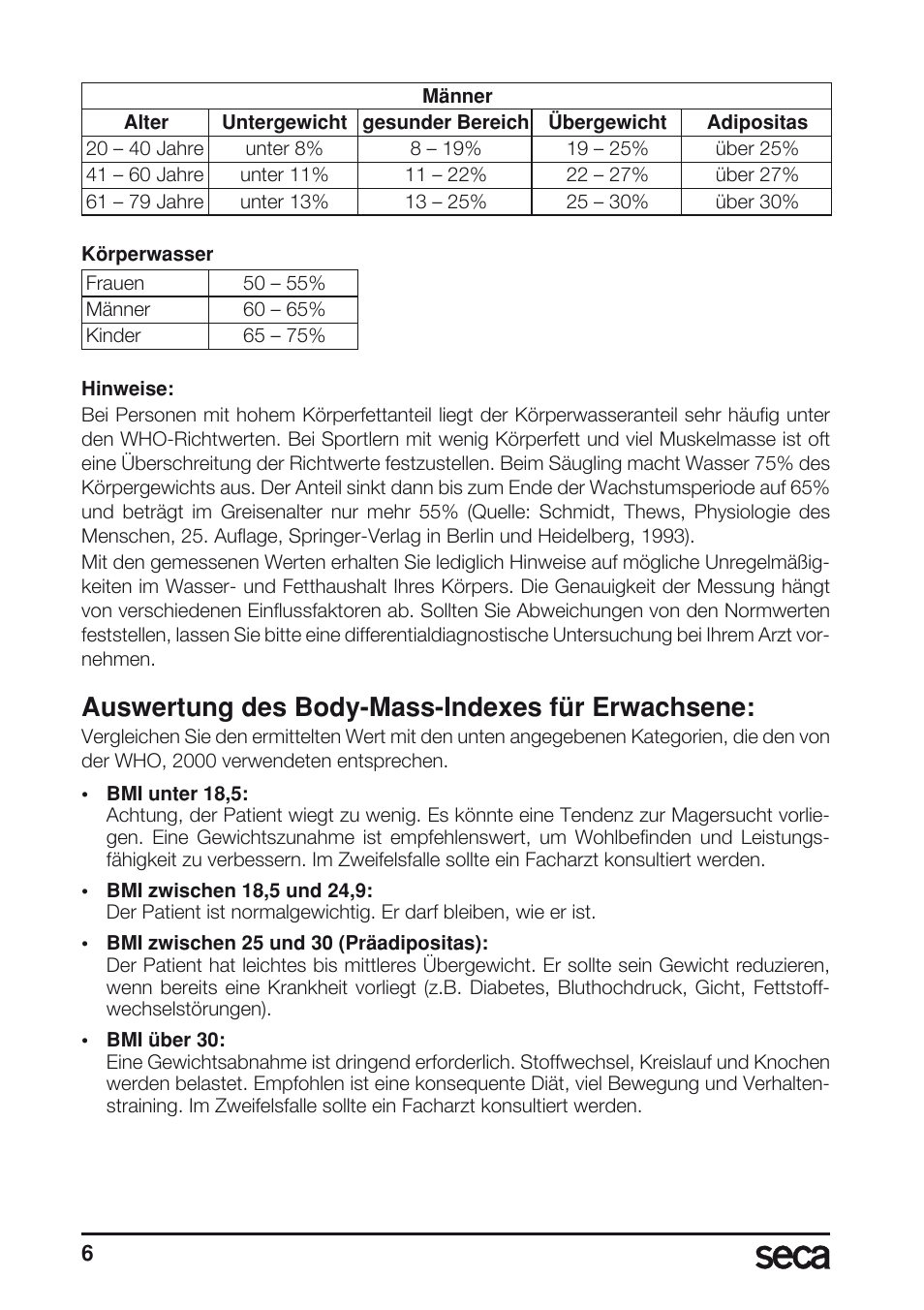 Auswertung des body-mass-indexes für erwachsene | Seca 804 User Manual | Page 8 / 166