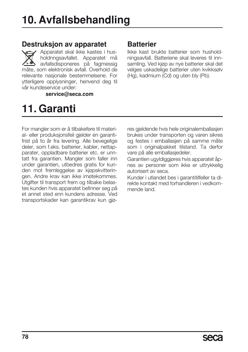 Avfallsbehandling, Batterier, Garanti | Destruksjon av apparatet | Seca 804 User Manual | Page 80 / 166
