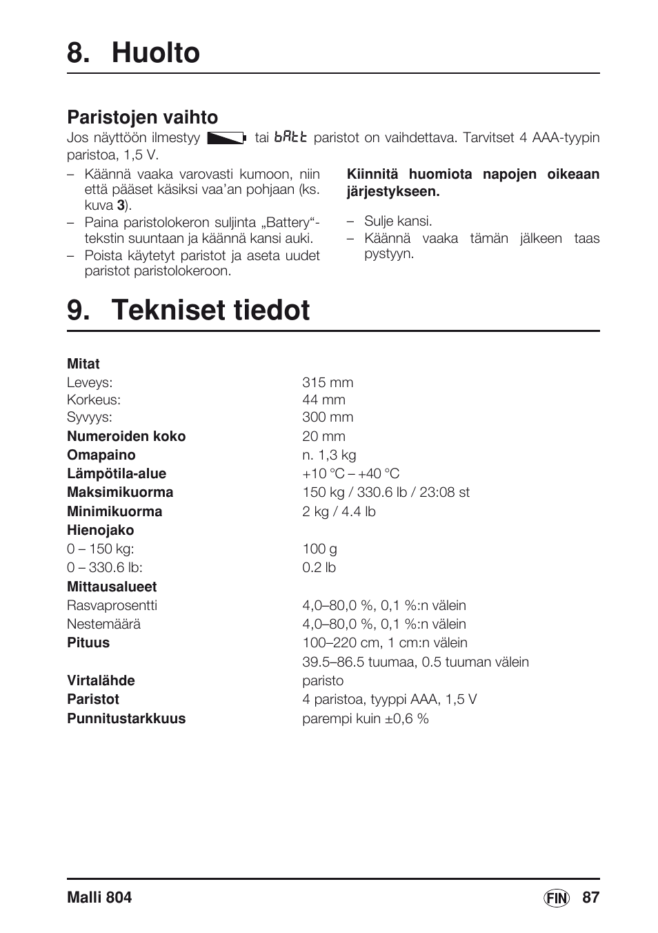 Huolto, Paristojen vaihto, Tekniset tiedot | Seca 804 User Manual | Page 89 / 166