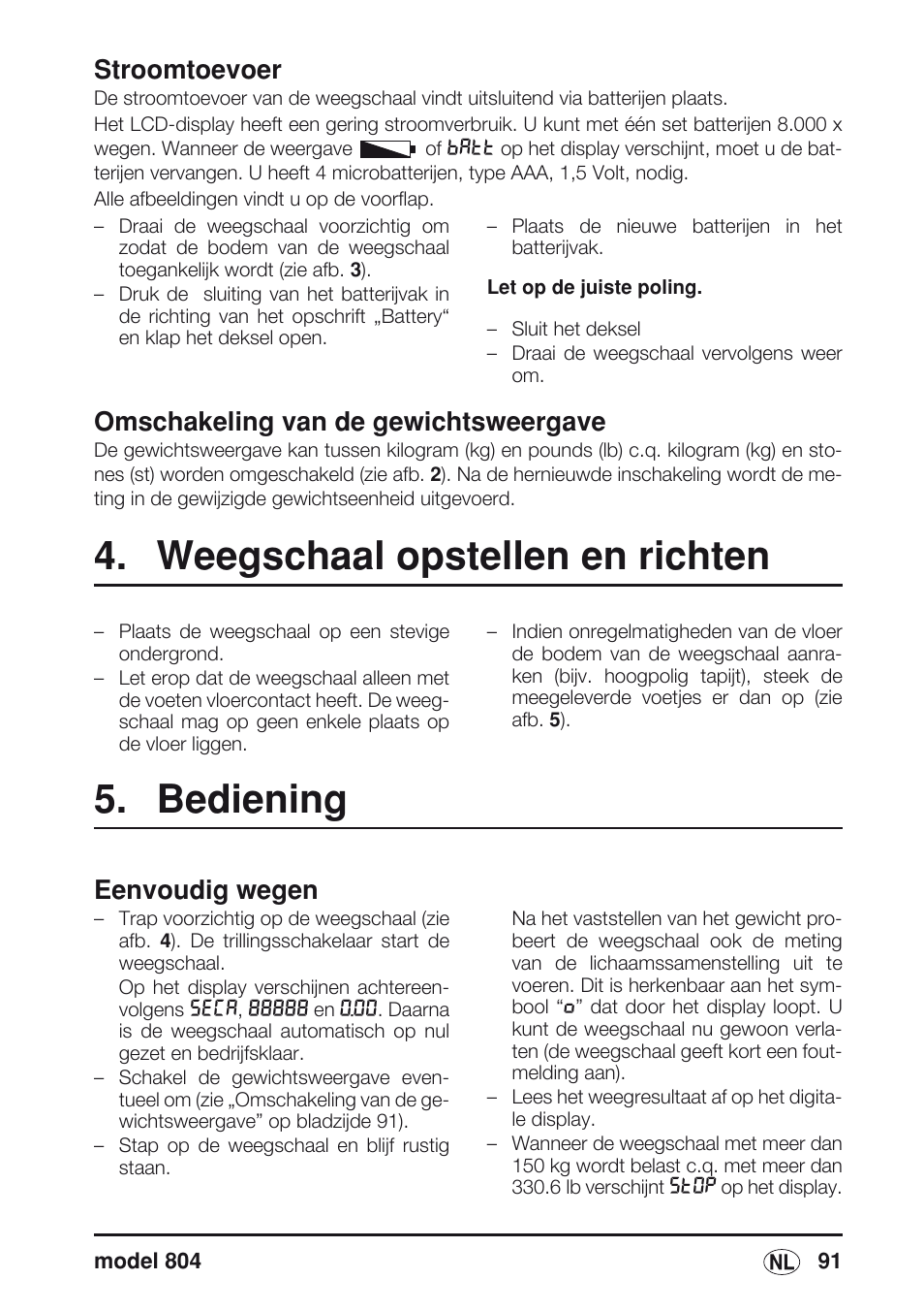 Omschakeling van de gewichtsweergave, Weegschaal opstellen en richten, Bediening | Eenvoudig wegen, Stroomtoevoer | Seca 804 User Manual | Page 93 / 166