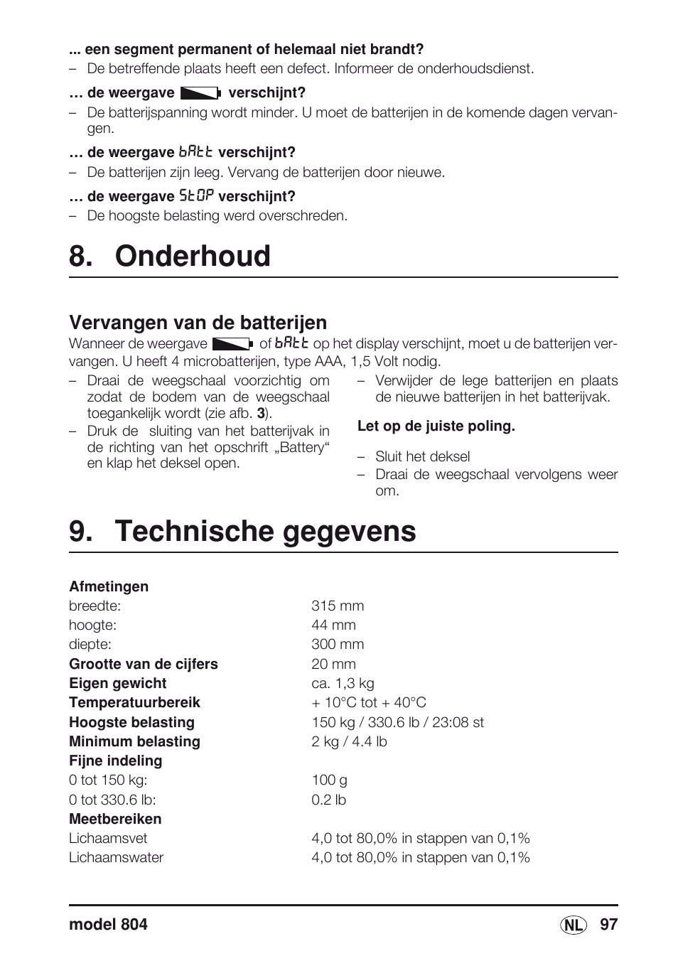 Onderhoud, Vervangen van de batterijen, Technische gegevens | Seca 804 User Manual | Page 99 / 166