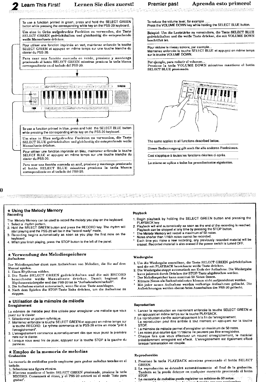 A using the melody memory, A utilisation de la mémoire de mélodie, Lernen sie dies zuerst | Aprenda esto primero, Learn this first, Premier pas | Yamaha PSS-20 User Manual | Page 2 / 8