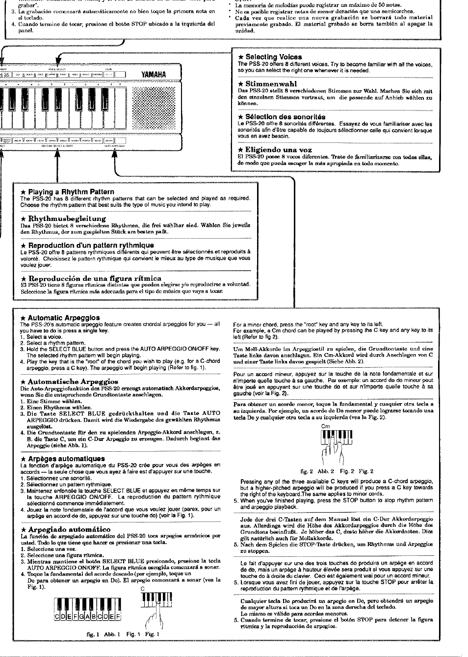 К selecting voices, К stimmenwahl, K sélection des sonorités | K playing a rhythm pattern, K rhythmusbegleitung, K reproduction d'un pattern rythmique, K automatic arpeggios, K arpèges automatiques, К arpegiado automático, Yamaha | Yamaha PSS-20 User Manual | Page 4 / 8