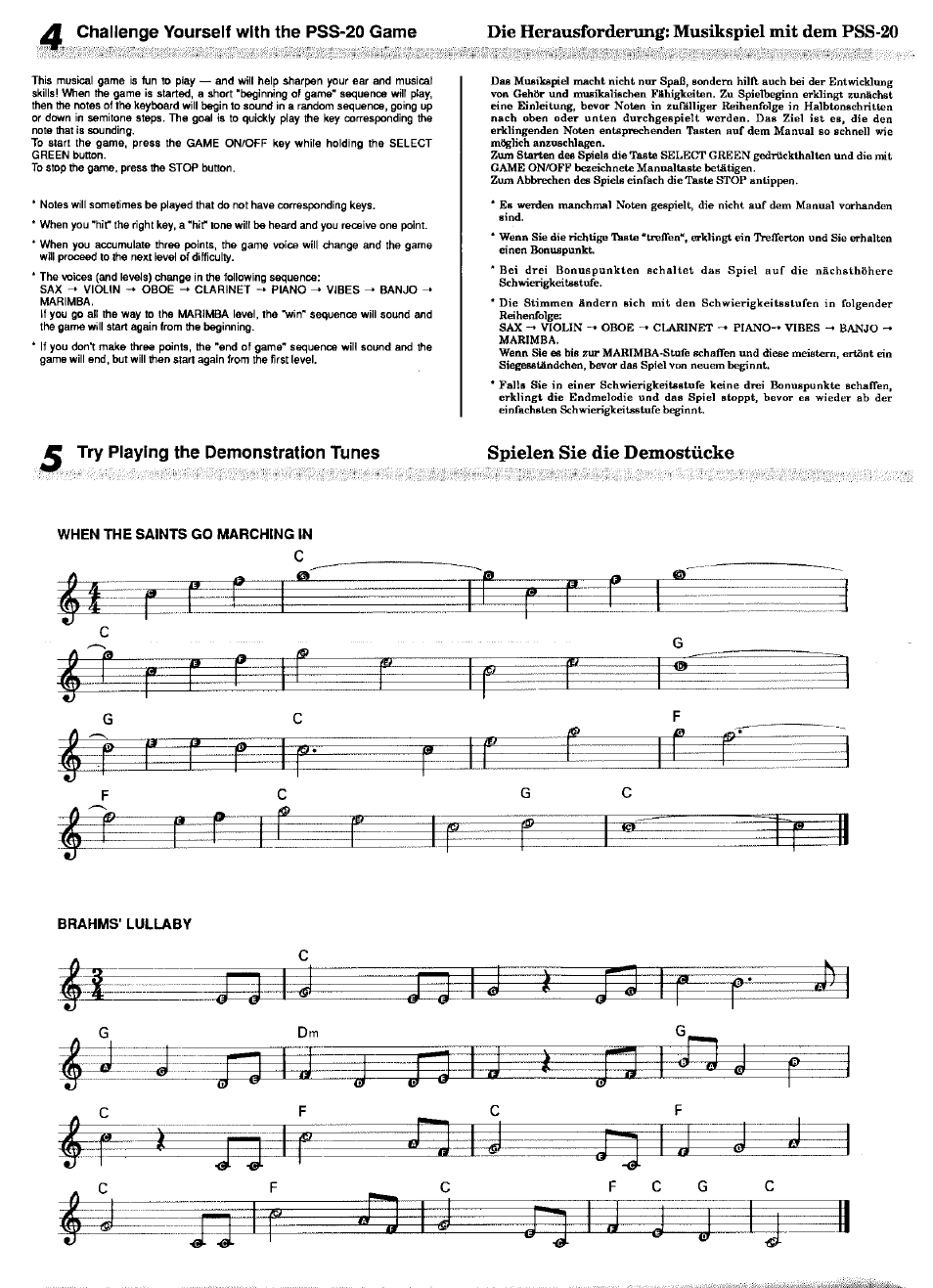 Try playing the demonstration tunes, Pss-20, Die herausforderung; musikspiel mit dem | Spielen sie die demostücke, Challenge yourself with the, Game | Yamaha PSS-20 User Manual | Page 5 / 8