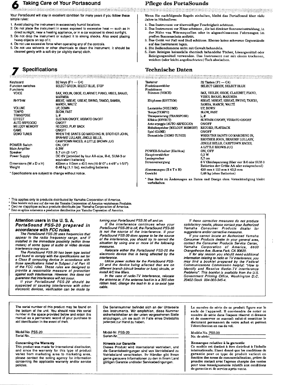 Taking care of your portasound, Pflege des portasounds, Technische daten | Specifications | Yamaha PSS-20 User Manual | Page 7 / 8